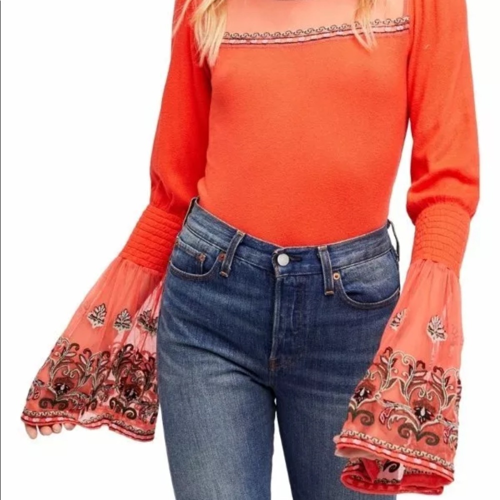 FREE PEOPLE  embroidered flared sleeve top
